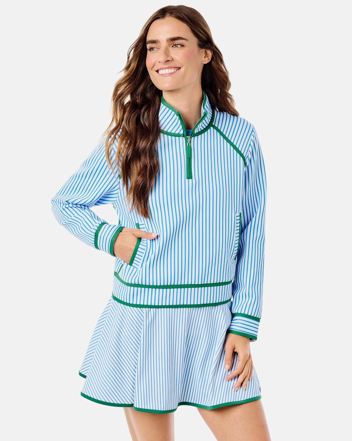 Bainbridge Quarter Zip Sweatshirt - Bluejay Stripe/Evergreen