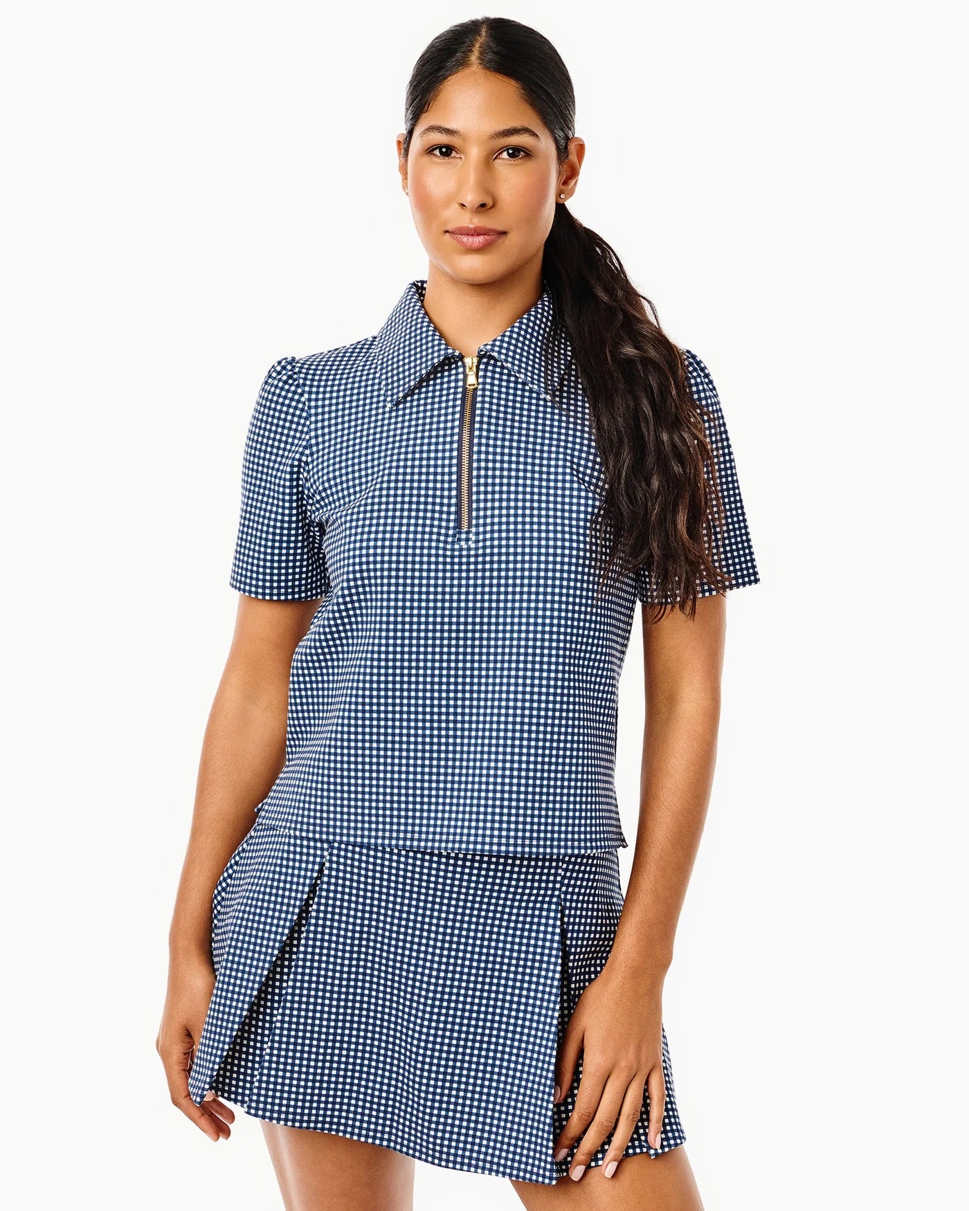 Ponte Virginian Polo Top - Navy Gingham