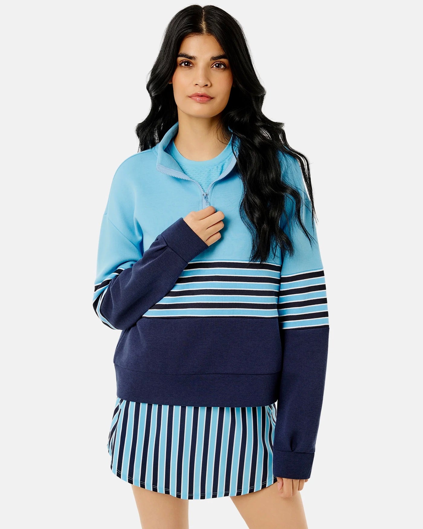 Addison Bay JV quarter zip sweatshirt in vintage blue with navy stripe, featuring a comfortable fit and stylish design.