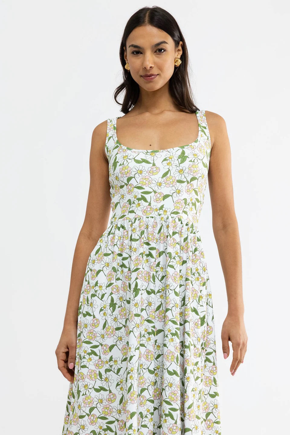 Smith & Quinn Izzy Dress featuring a playful Oopsy Daisies print, sleeveless design with a comfortable fit for casual wear.