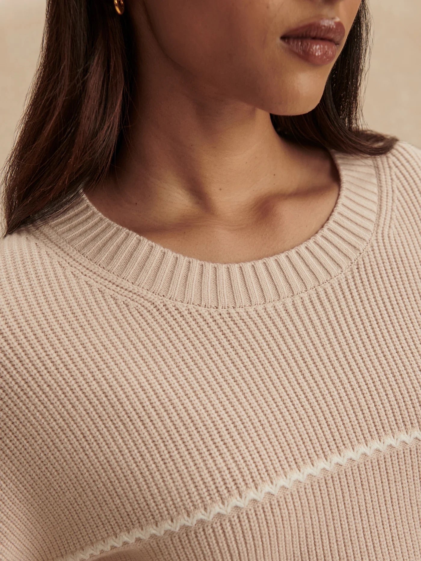 Varley Meryl Stripe Knit Sweater in Oat Milk with colorful horizontal stripes, soft knit fabric, and a cozy, casual style.