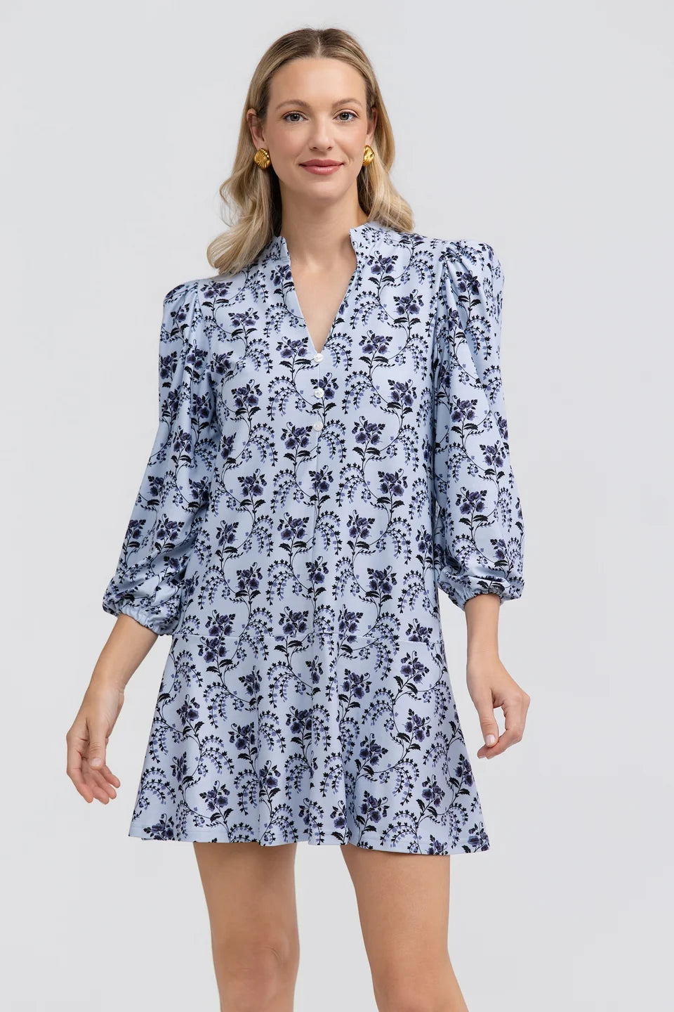 Smith & Quinn Hazel Dress in cornflower blue, showcasing a stylish, flowy design with delicate fabric details.