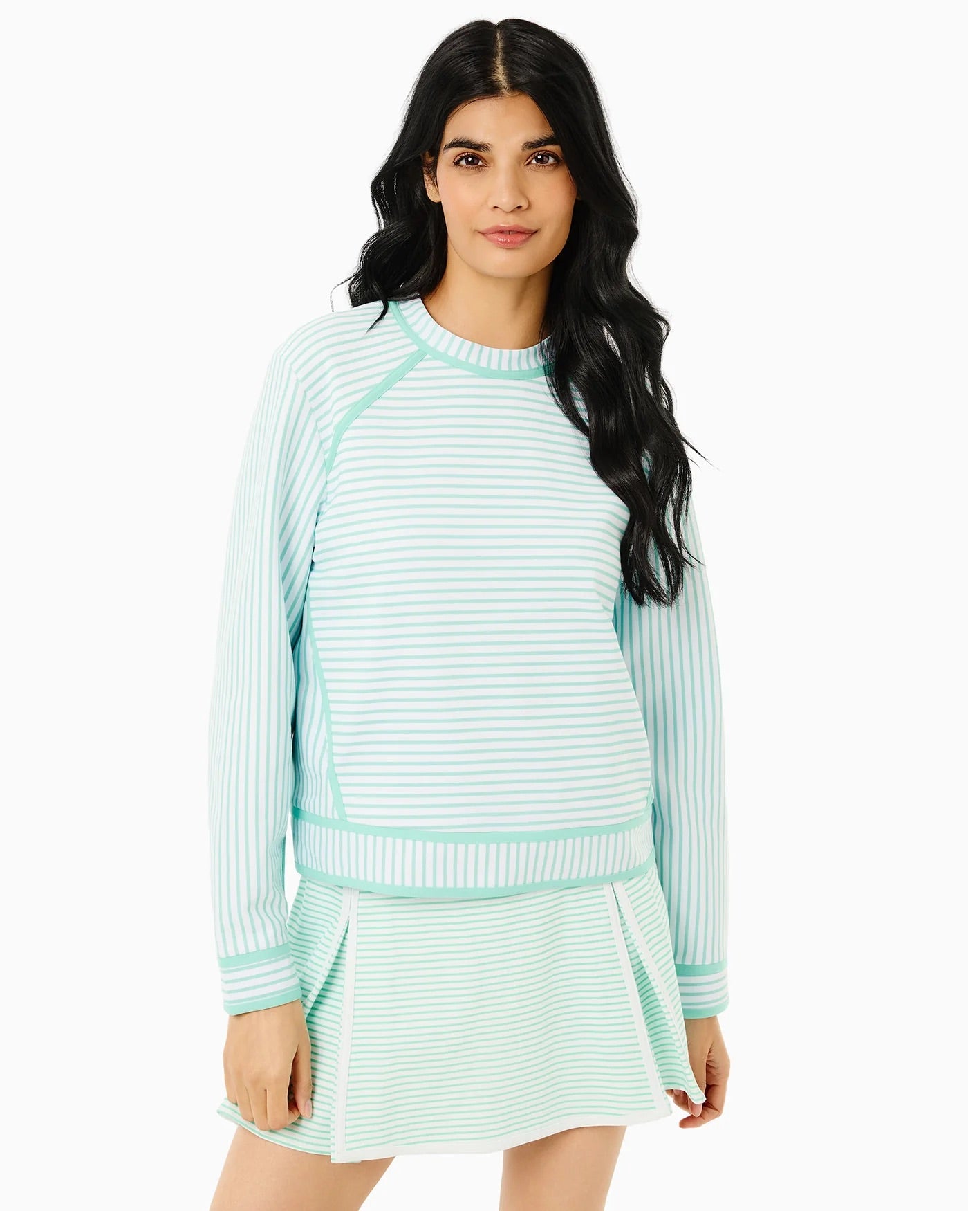 Addison Bay Bainbridge crewneck in Super White and Jelly Mint stripe, showing the soft fabric and stylish color pattern.