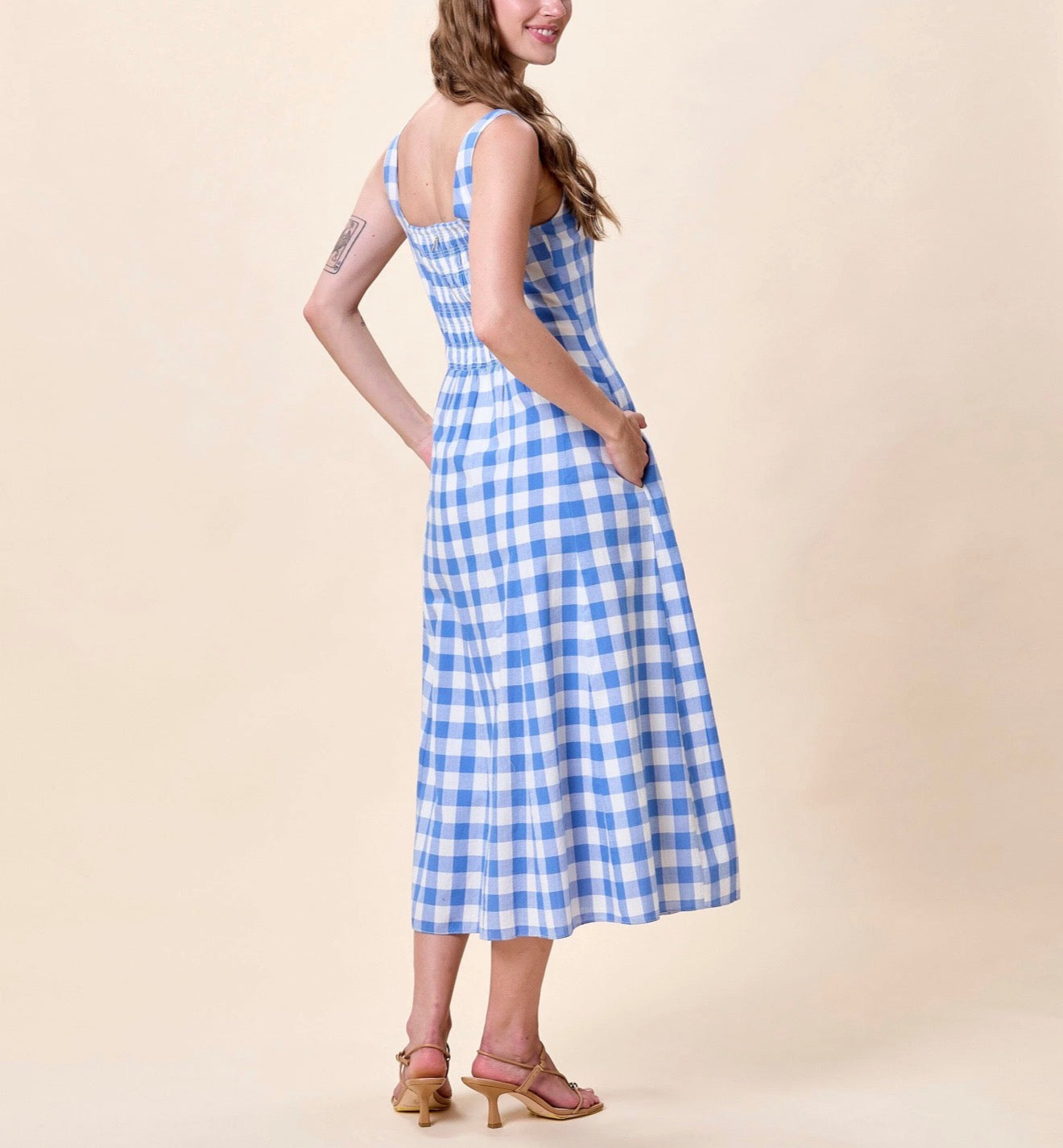 CLEOBELLA Ardena ankle dress in Blue Bonnet Gingham, featuring a fitted silhouette and knee-length hem on a model.
