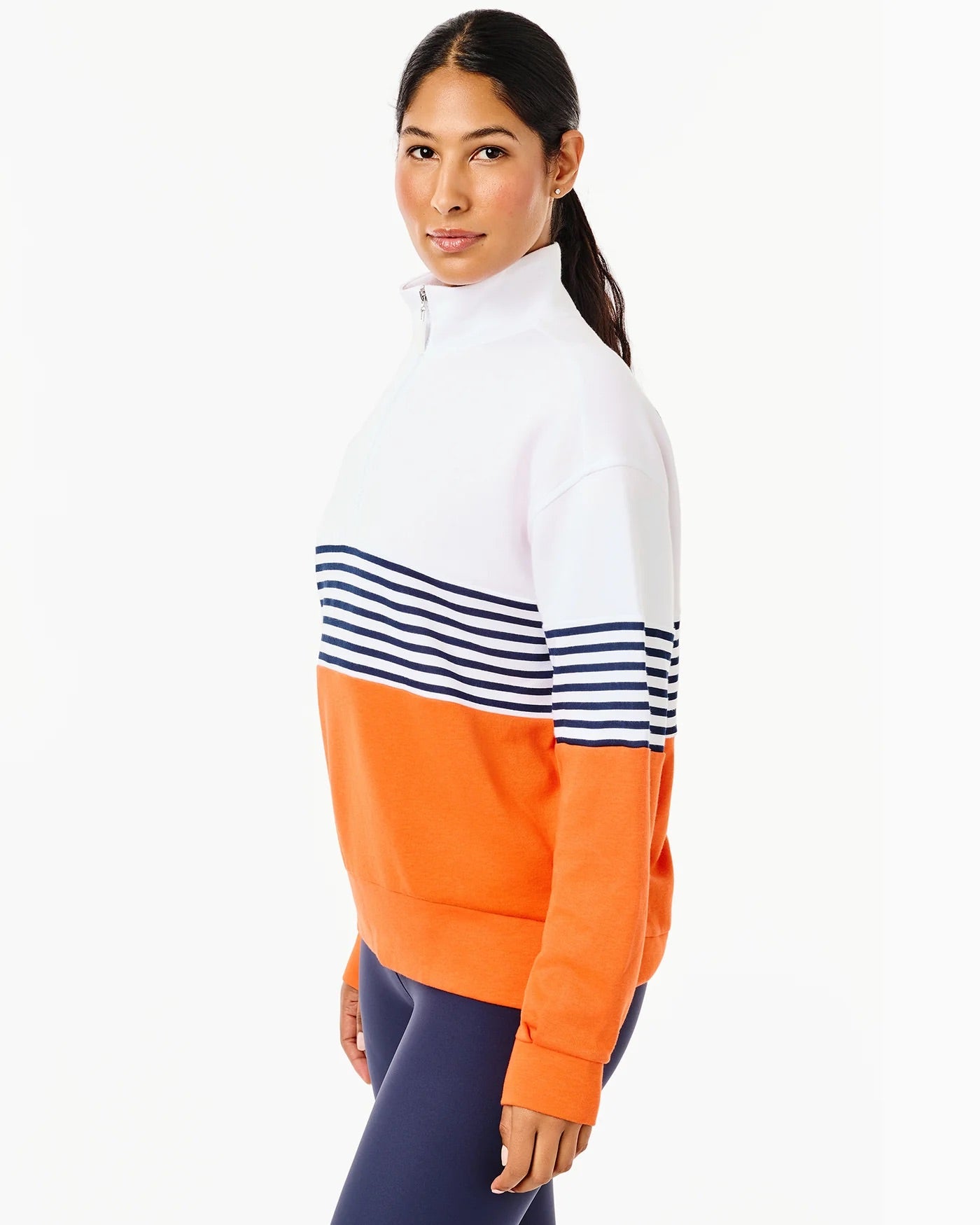 Varsity Quarter Zip - Super White/ Navy Stripe/ Papaya