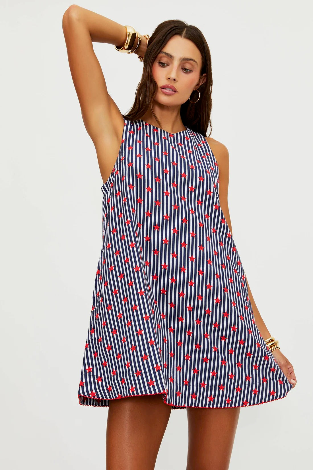 Beachriot Caprina Mini Dress in Star Spangled Seas featuring a lightweight fabric and vibrant star pattern.