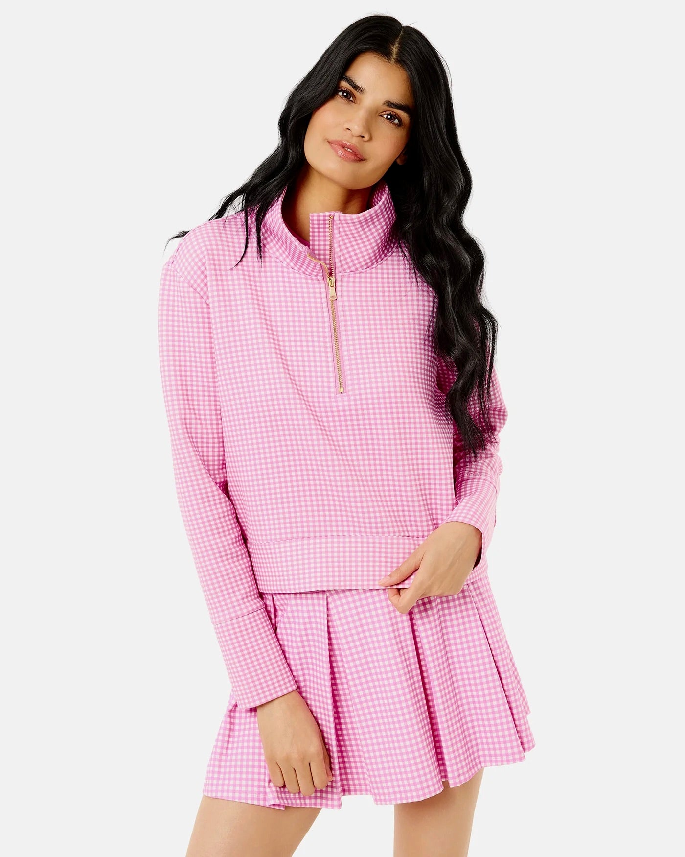 Addison Bay Everyother Day Quarter Zip in orchid gingham, showing the stylish collar and vibrant checkered pattern.
