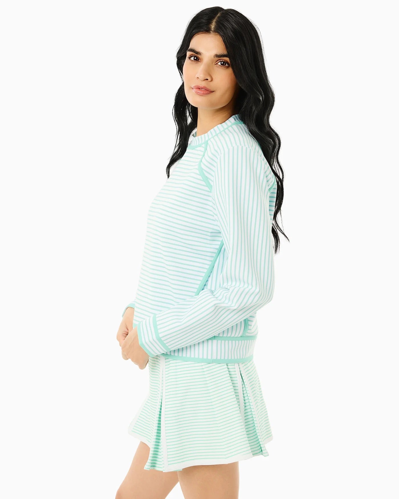 Addison Bay Bainbridge Crewneck in super white and jelly mint stripe, showcasing the soft fabric and stylish design.