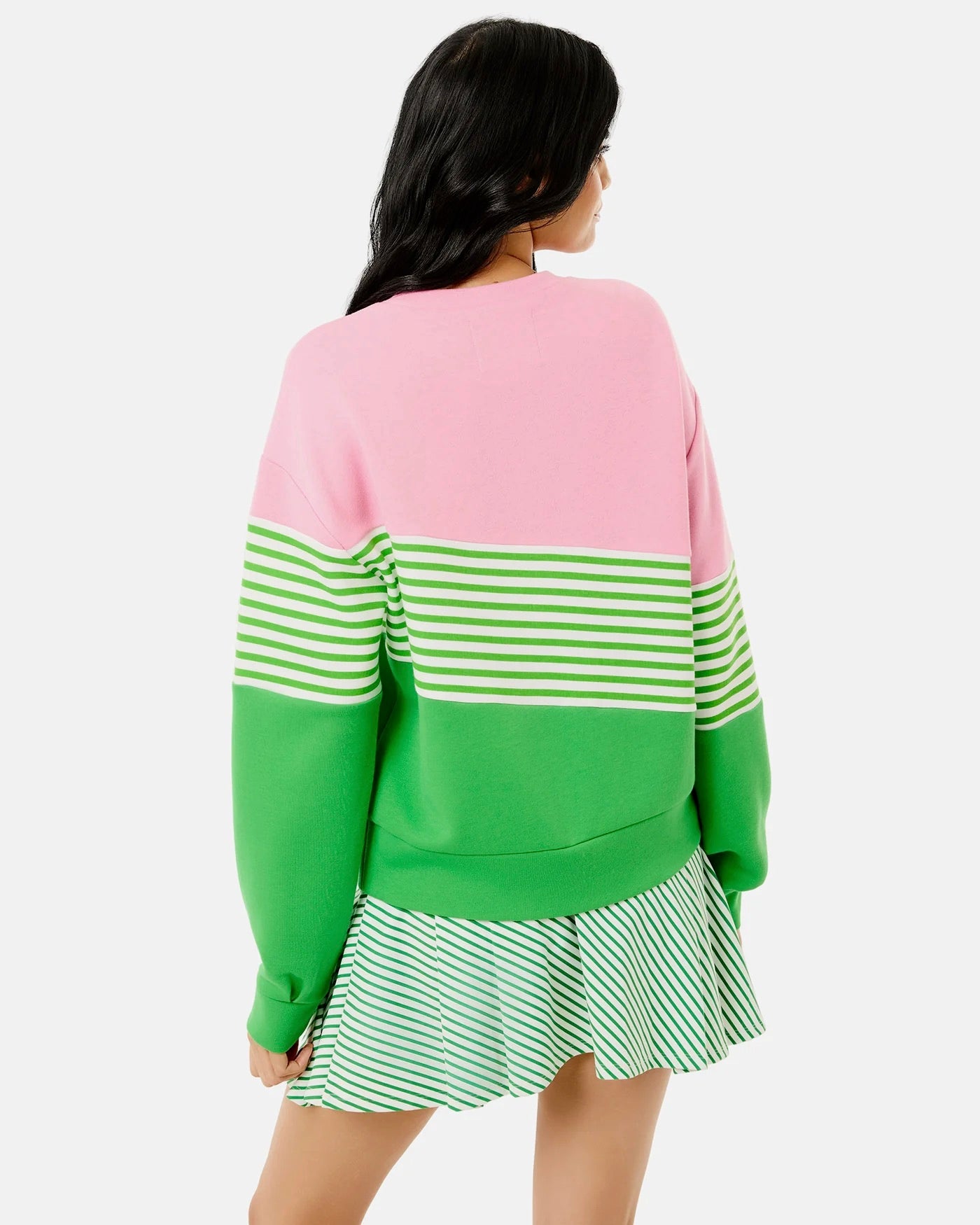 Addison Bay JV Crewneck in Bubblegum and Key Lime, showing a soft, colorful knit sweatshirt with vibrant pink and green hues.
