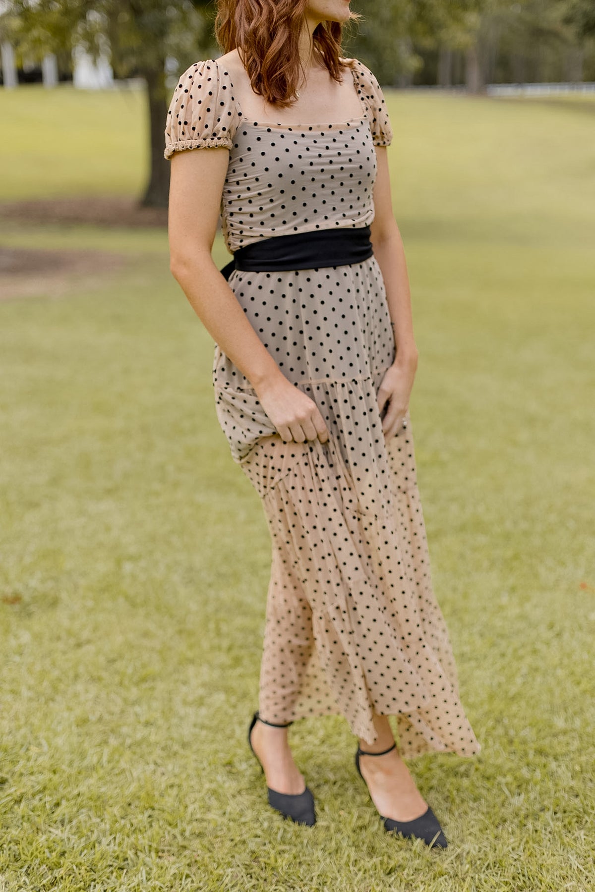 Delphine Dress- Nude/Black Dot
