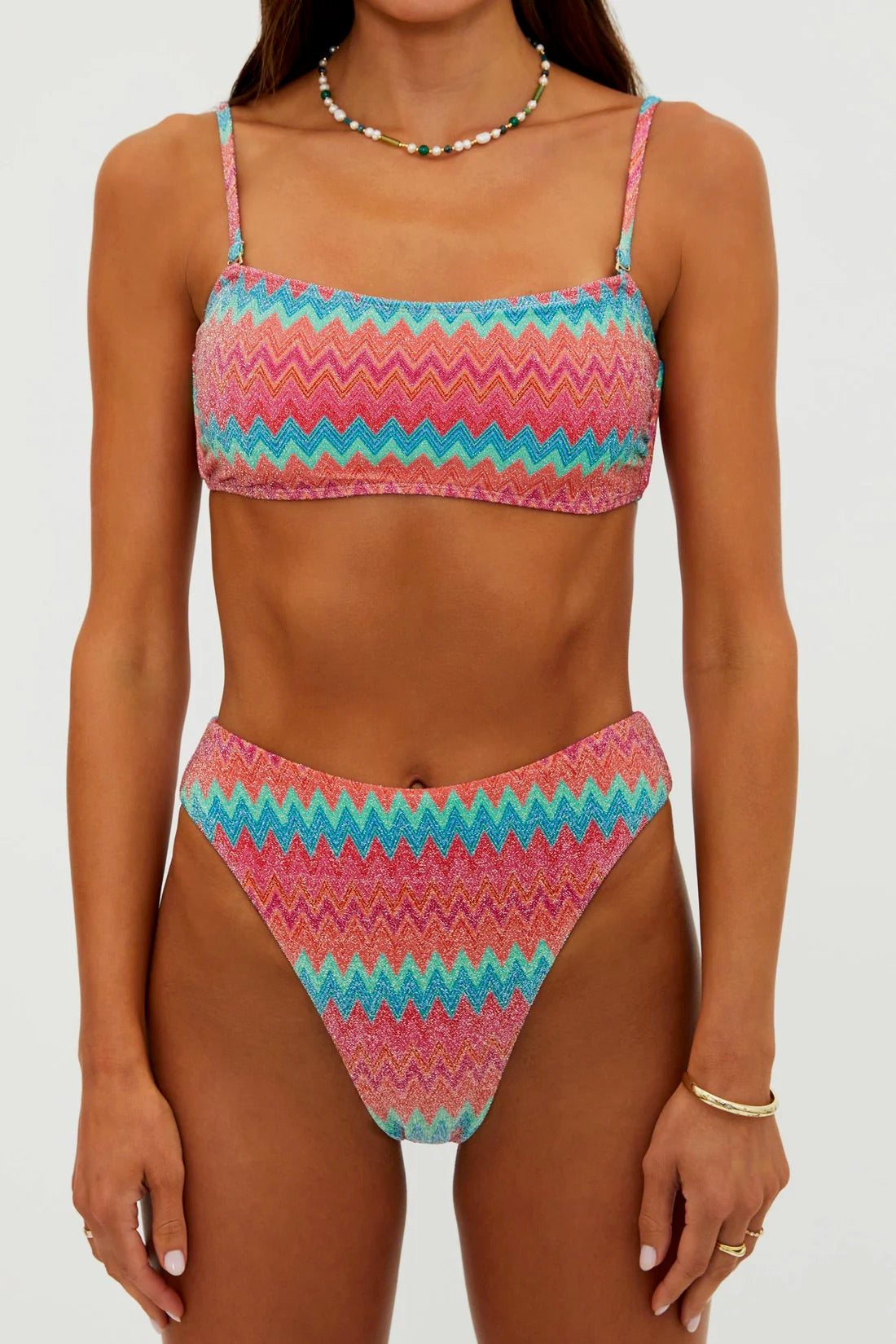 Beach Riot Amarie Bottom in Strawberry Ice Chevron with high-waisted bikini style and vibrant red and white chevron pattern.