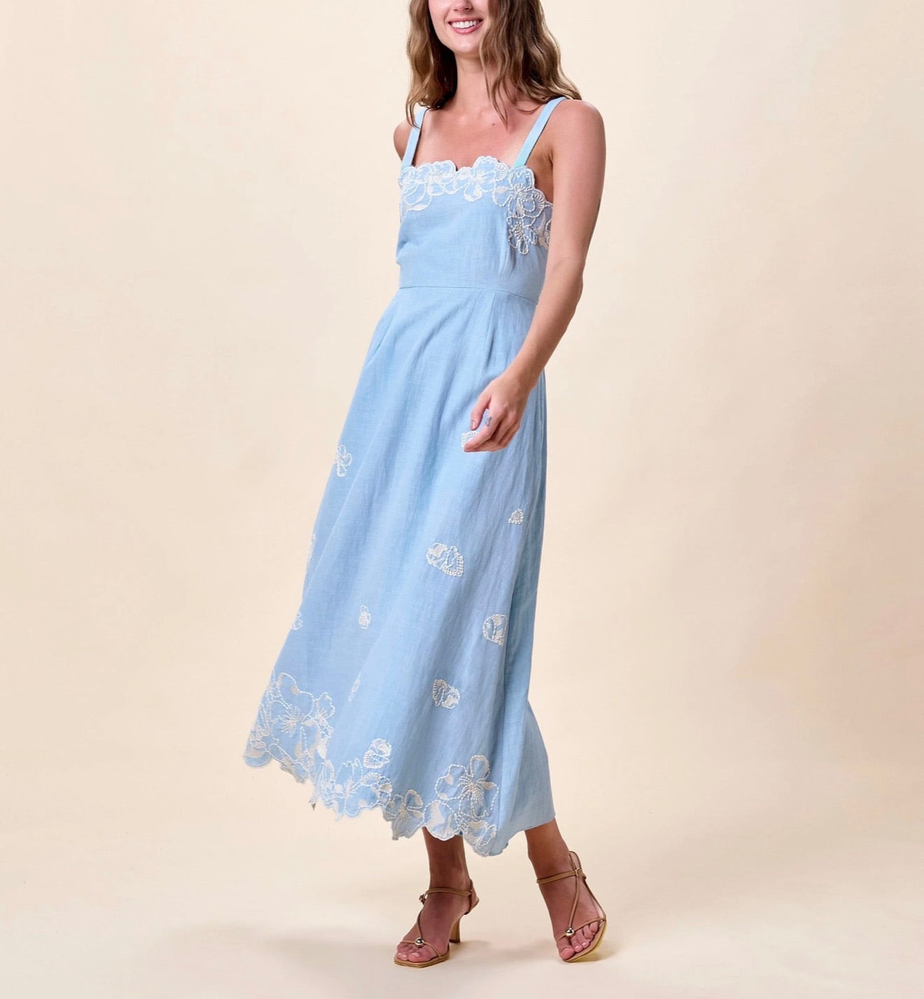 CLEOBELLA Marceline Midi Dress in Glacier Lake fabric, featuring a flowing silhouette and elegant design.
