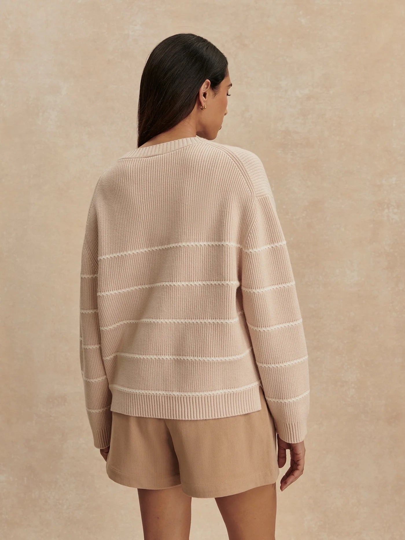 Varley Meryl Stripe Knit Sweater in Oat Milk, featuring soft knit fabric with striped pattern and a cozy, stylish fit.