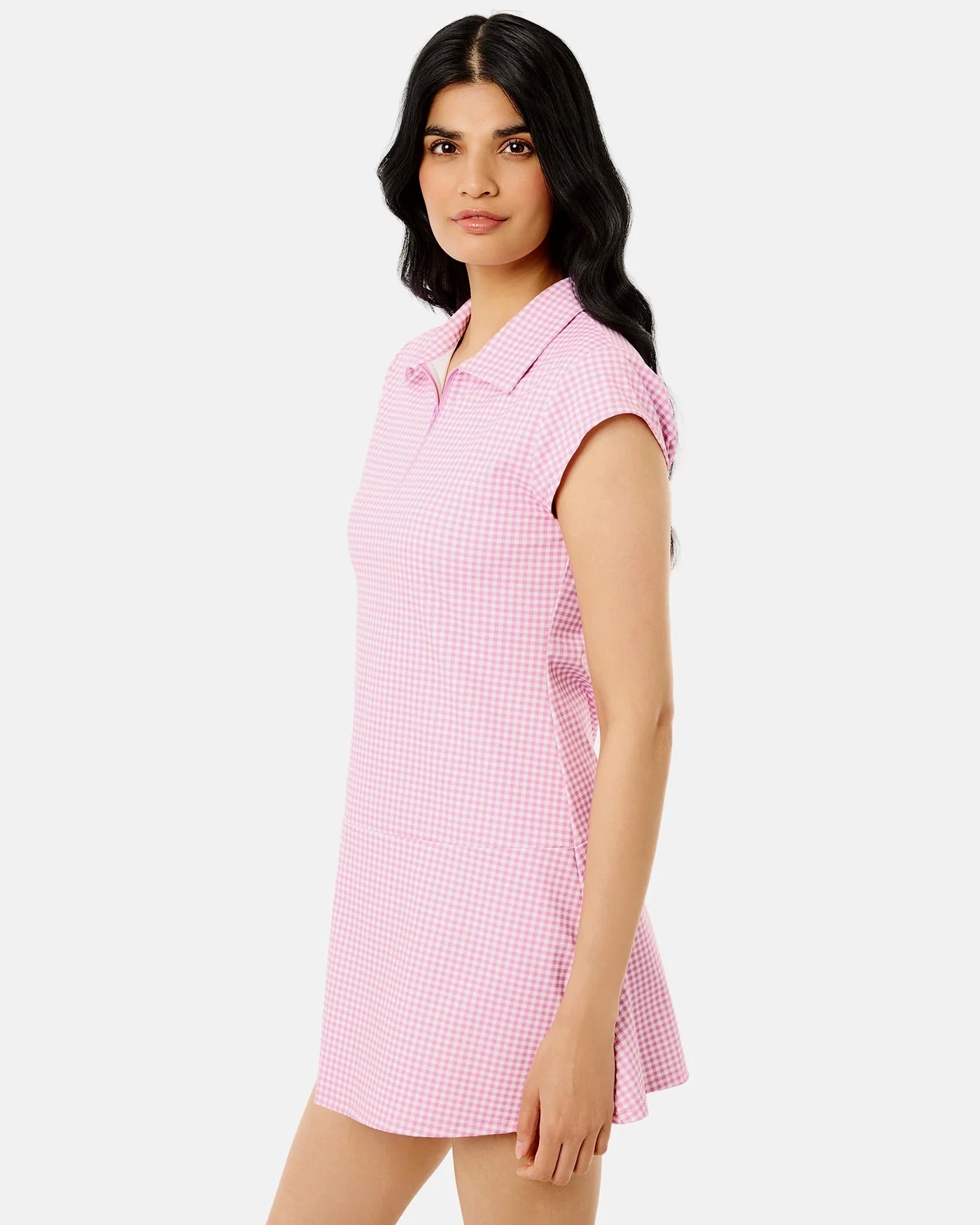 Addison Bay Love Love Dress in orchid gingham fabric, featuring a stylish, lightweight women’s dress with a vibrant checkered pattern.