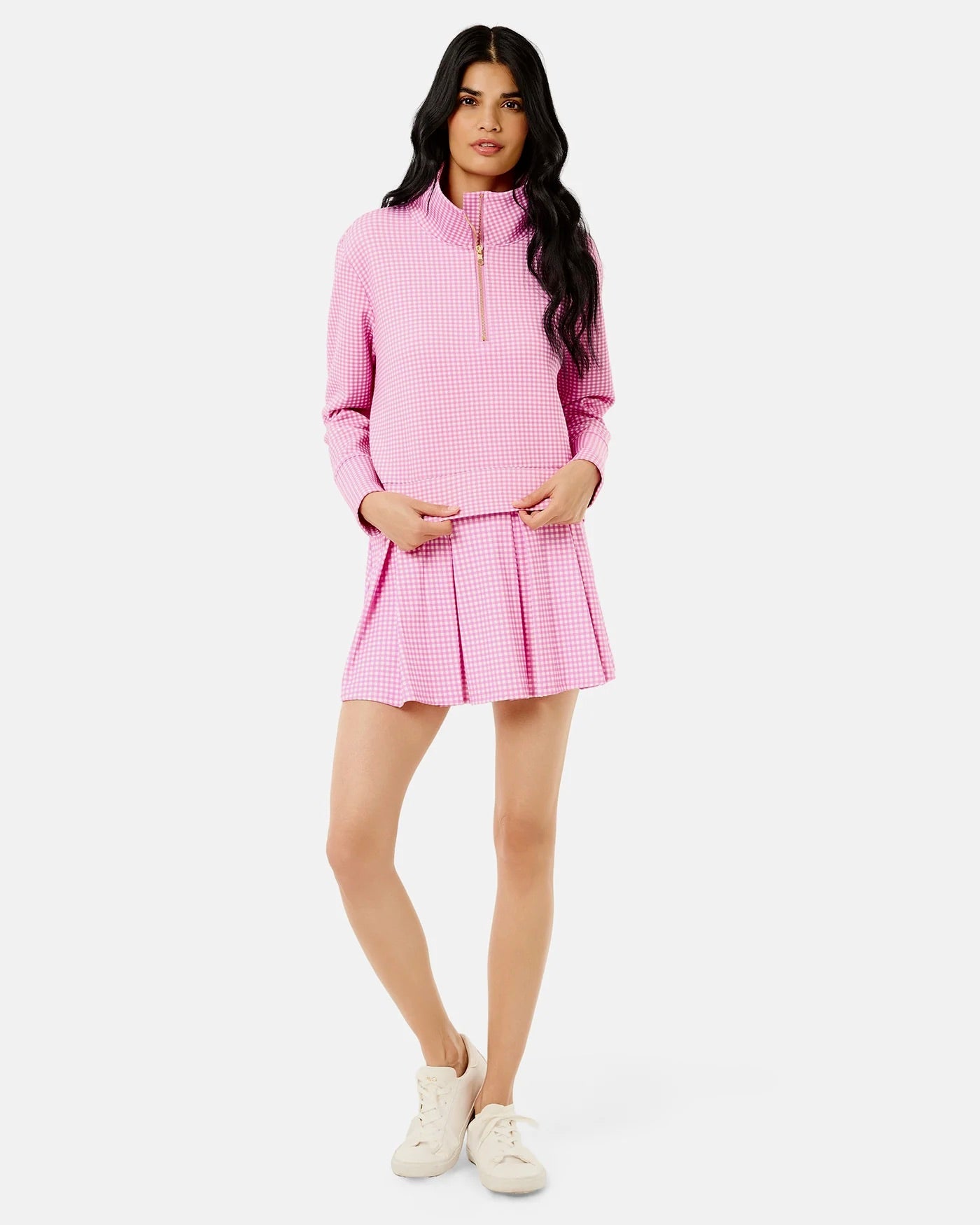 Addison Bay Everyother Day Quarter Zip in orchid gingham, shown in a close-up image highlighting the fabric and design details.