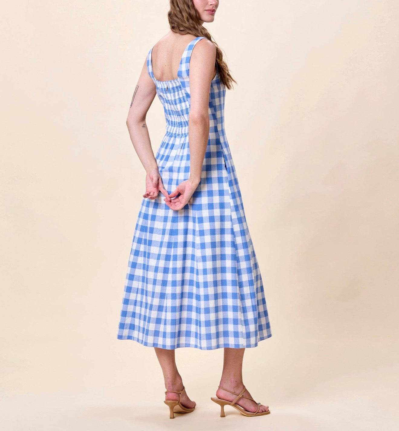 CLEOBELLA Ardena ankle dress in blue bonnet gingham fabric, showcasing a stylish and flowy design with a fitted waist and sleeveless silhouette.