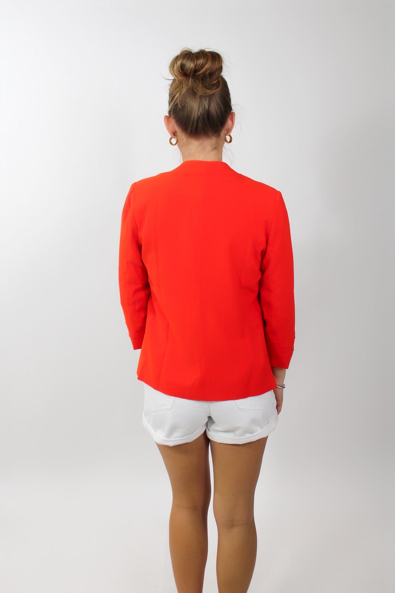 Coral Red Collarless Pleated Blazer