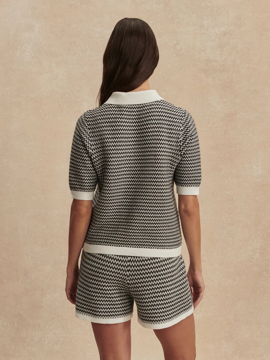 Varley Villiers Knit Shorts in Snow White and Black, showcasing the stylish, cozy knit fabric and relaxed fit.