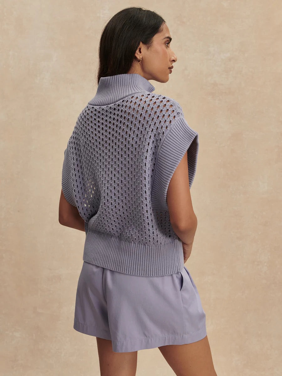 Varley Gaines Half Zip Knit in Thistle Down, close-up of soft knit fabric and half-zip collar on this stylish women's sweater.