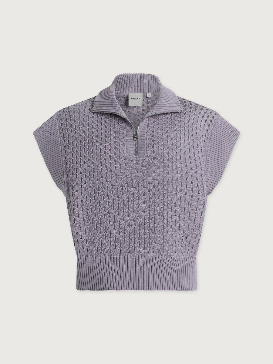 Varley Gaines Half Zip Knit in Thistle Down, close-up of soft, textured knit fabric with a half-zip collar and stylish design.