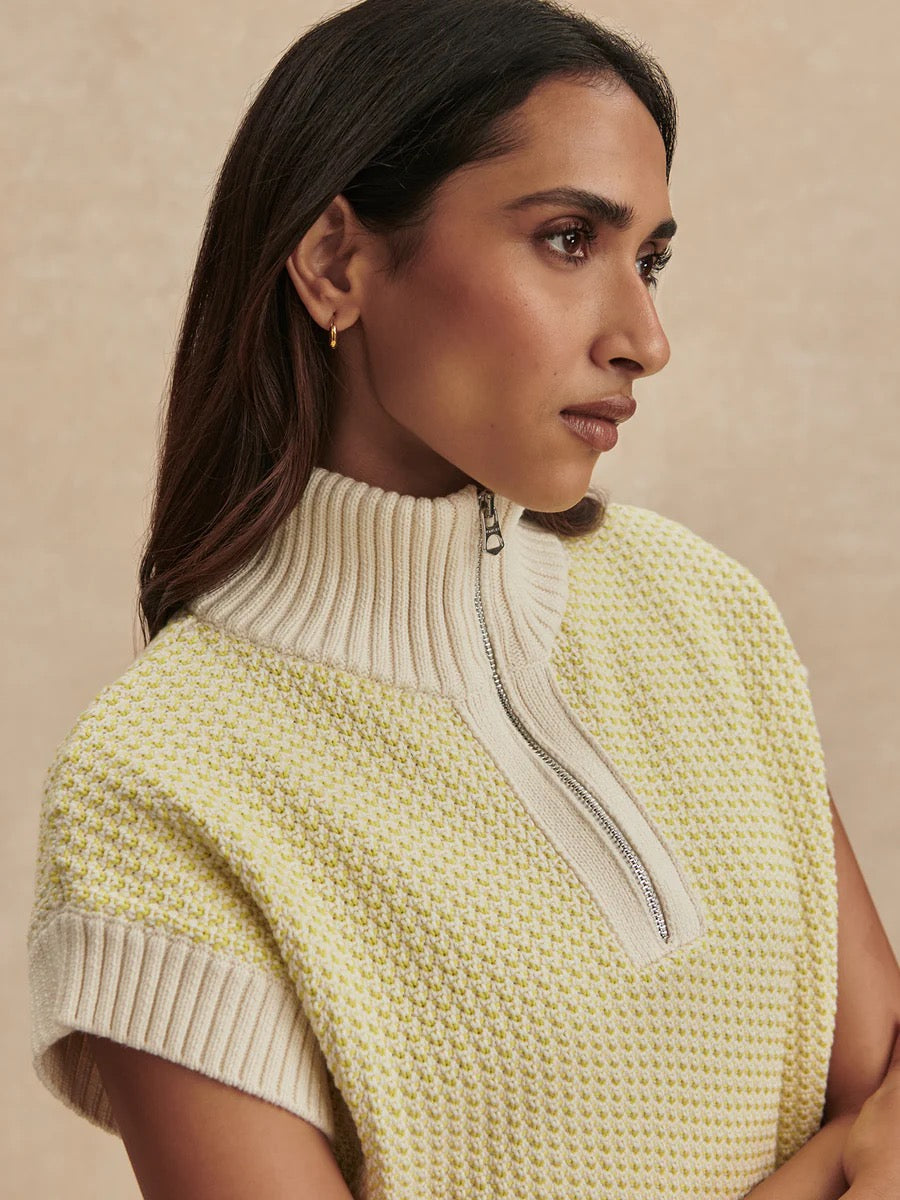 Varley Fowley knit top in snow white and limeade, showcasing a stylish, cozy sweater with a textured knit pattern.