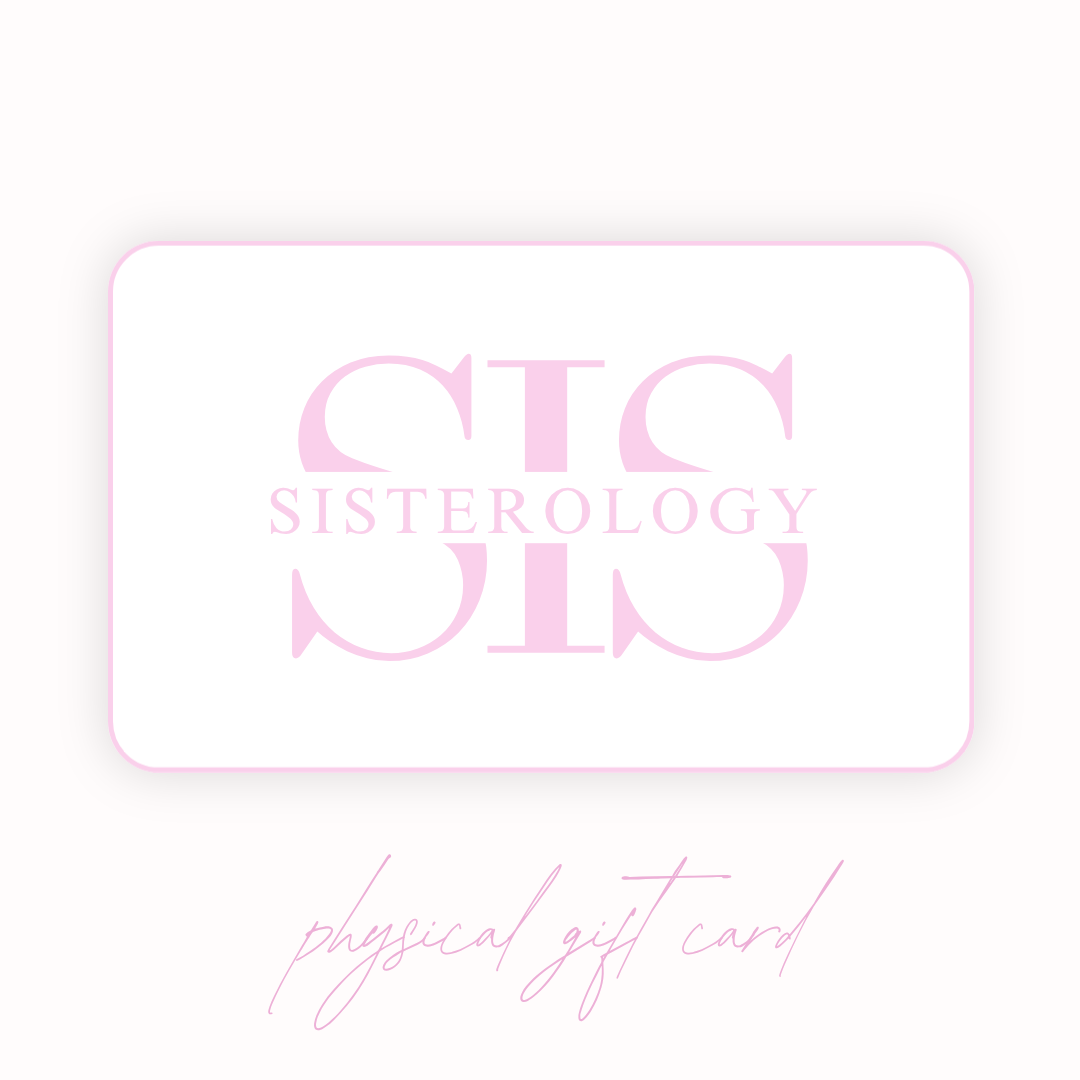Physical gift card from Shopsisterology featuring a sleek design and the brand logo on a white background.