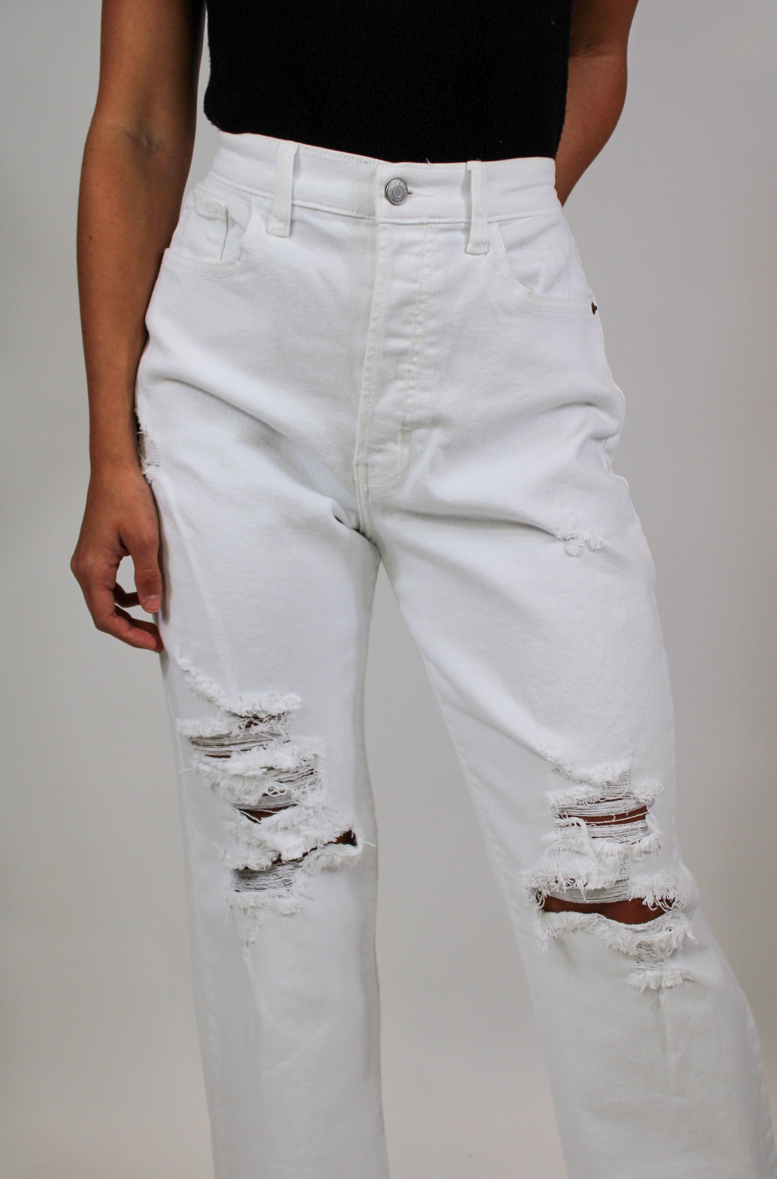 High Rise Asymmetric Back Pockets Dad Jean - White