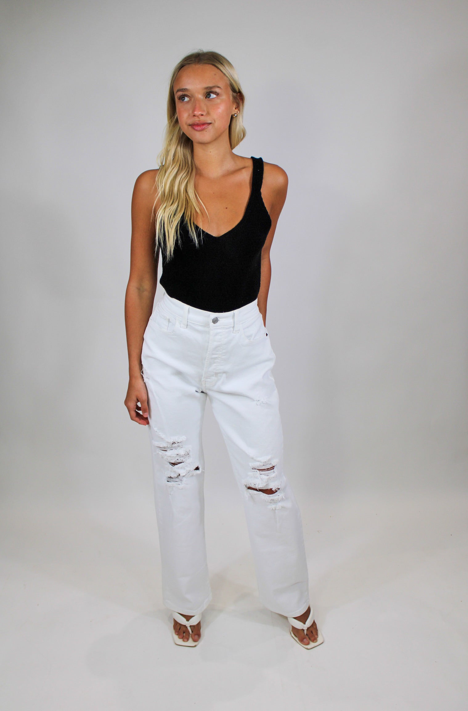 High Rise Asymmetric Back Pockets Dad Jean - White