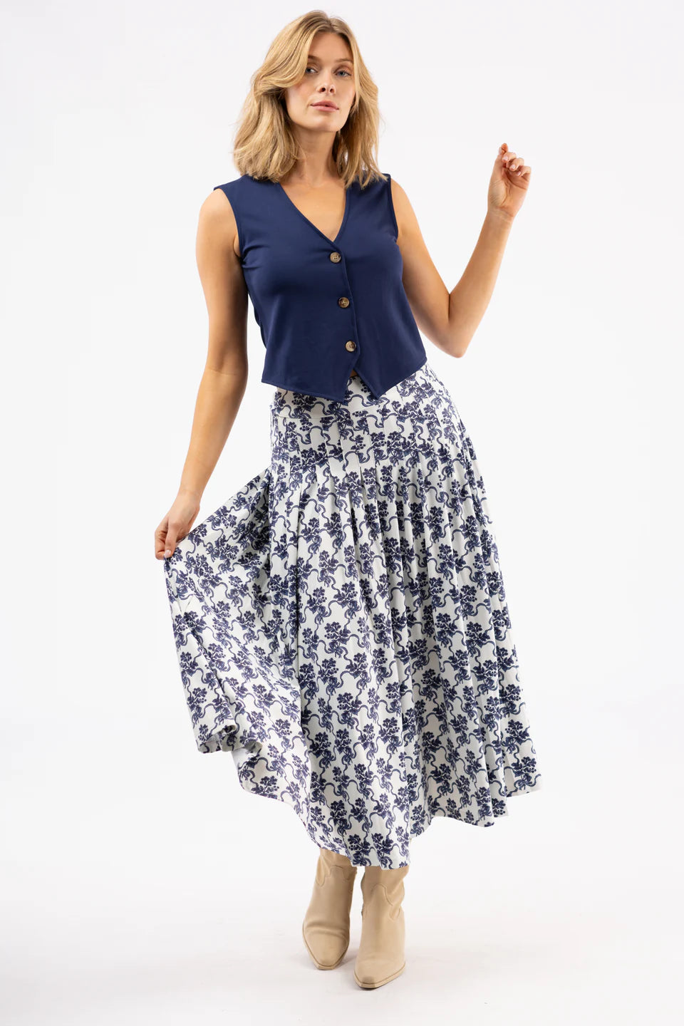 The Lennox Skirt - Ribbon Bouquet Navy