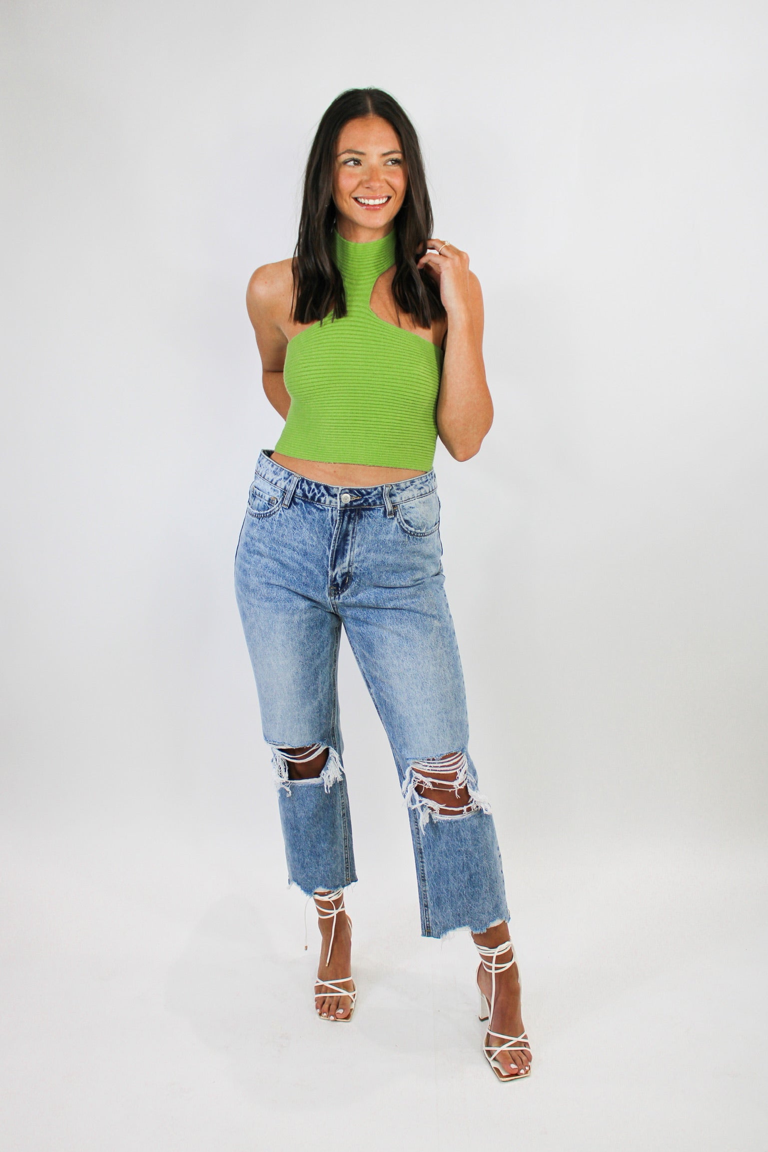 Green Knit High Neck Top