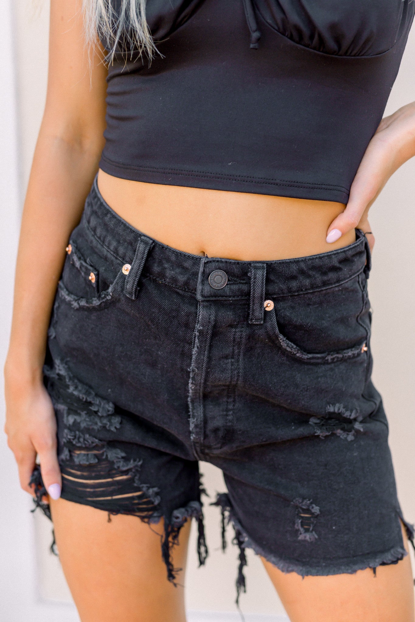 Black Destroyed High Rise Denim Shorts