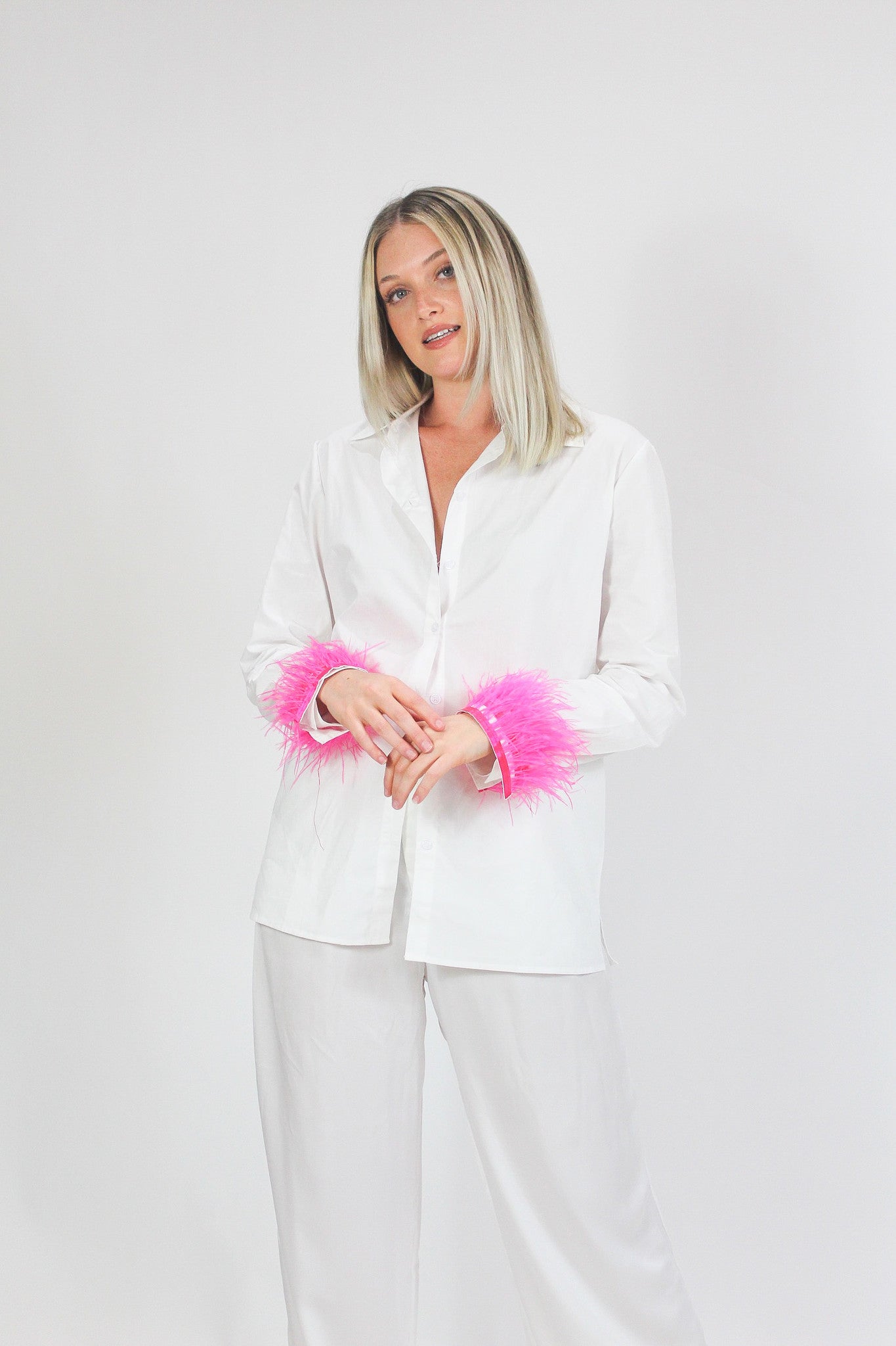 On The Town Feather Button Down - Pink