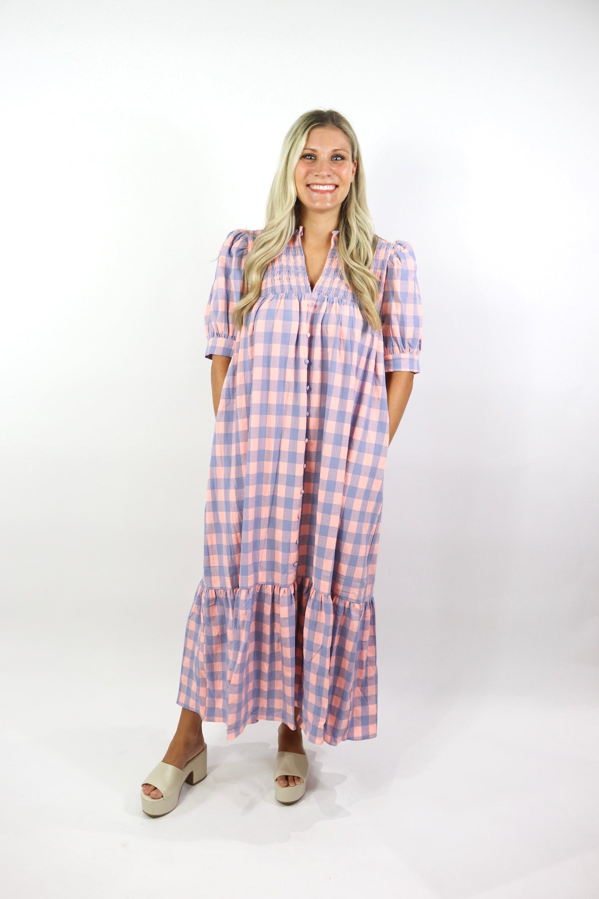 blue blush pink dress Gingham Midi newest with light blue glass Sofia | Square Neck Size:7 1/2 Wide