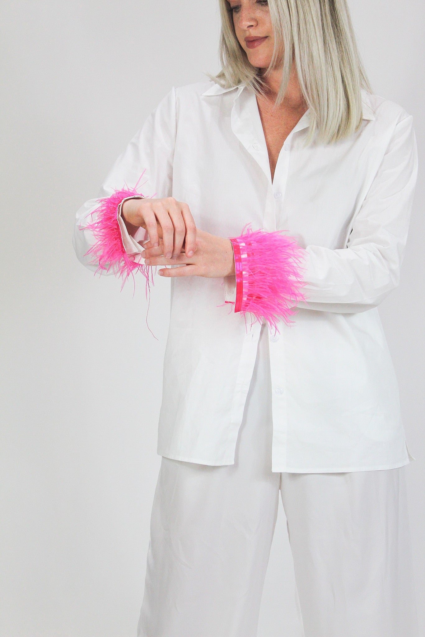 On The Town Feather Button Down - Pink